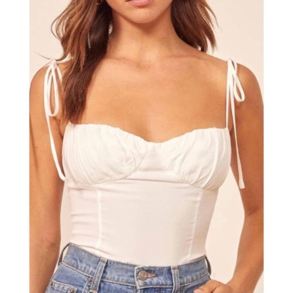 Reformation Malta Gathered Shirred Crepe Tie Sleeve Smocked Top in Ivory Size 4